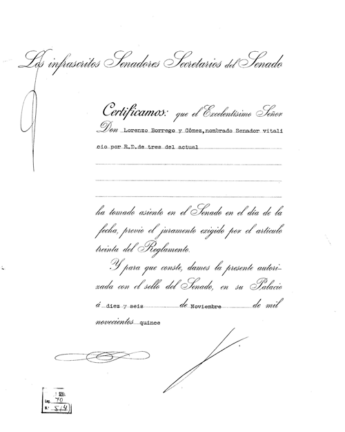 Certificación del día en el que se incorpora al Senado en calidad de Senador Vitalicio.