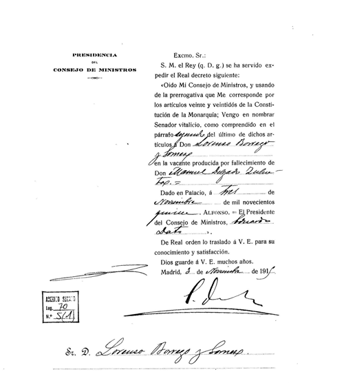 Nombramiento de Senador Vitalicio expedido en Madrid a noviembre de 1915