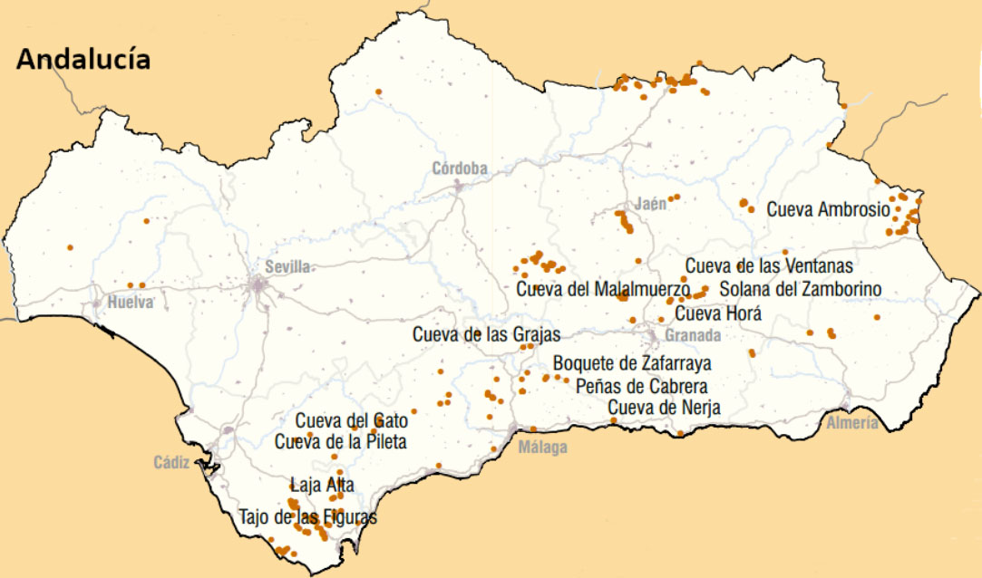 Mapa del arte rupestre  en Andalucía